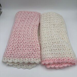 Two Hand Crocheted Baby Blanket White Pink-Pink White Soft Afghan Crib Stroller